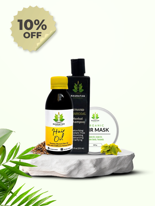 Organic Hair Care Bundle: Mustard Oil, Charcoal Shampoo & Nourishing Hair Mask for Growth & Repair